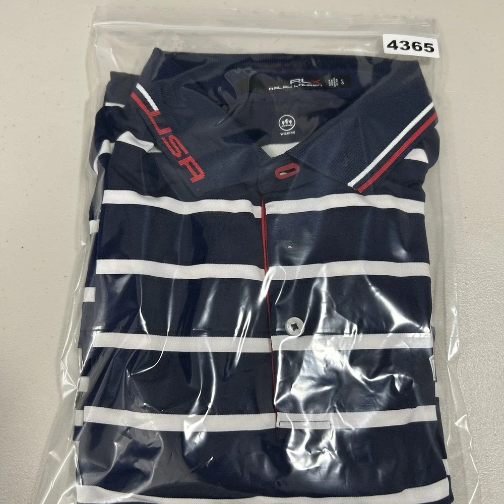 RLX Ralph Lauren 2018 Gold Cup Golf Polo Men Sz Large Blue‎ Striped Short Sleeve